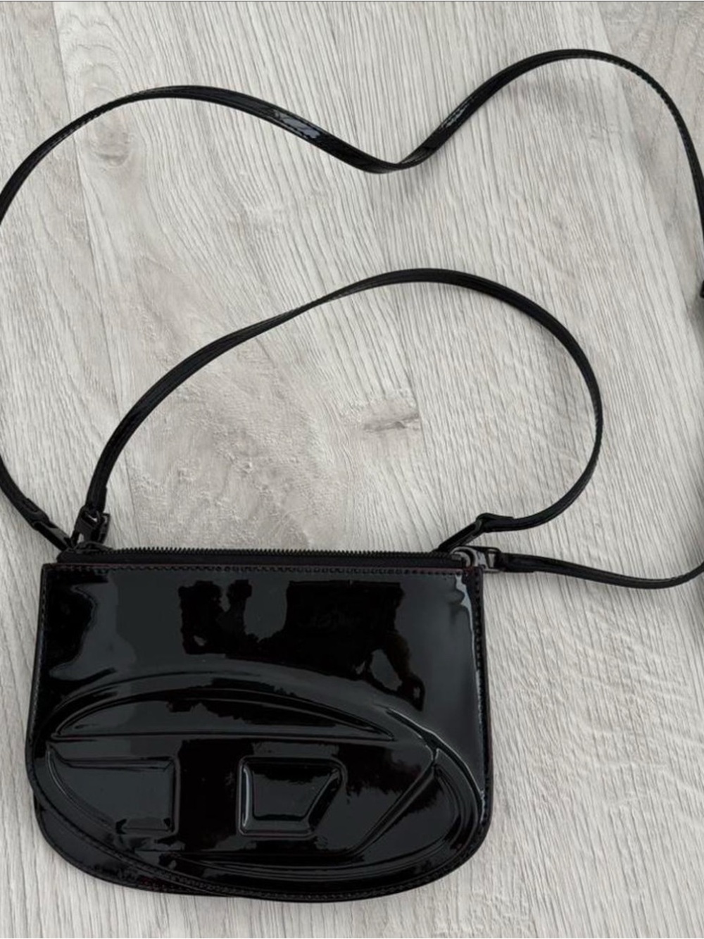 Black Patent Crossbody Bag with Embossed Detail